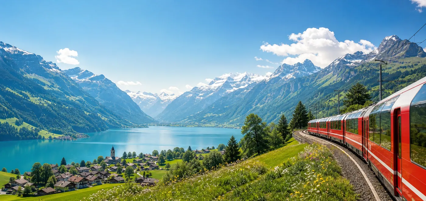 Bernina Express train in the Swiss Alps