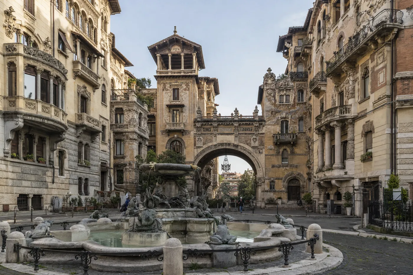 Coppedè Art Nouveau District and Fontana delle Rane Walk